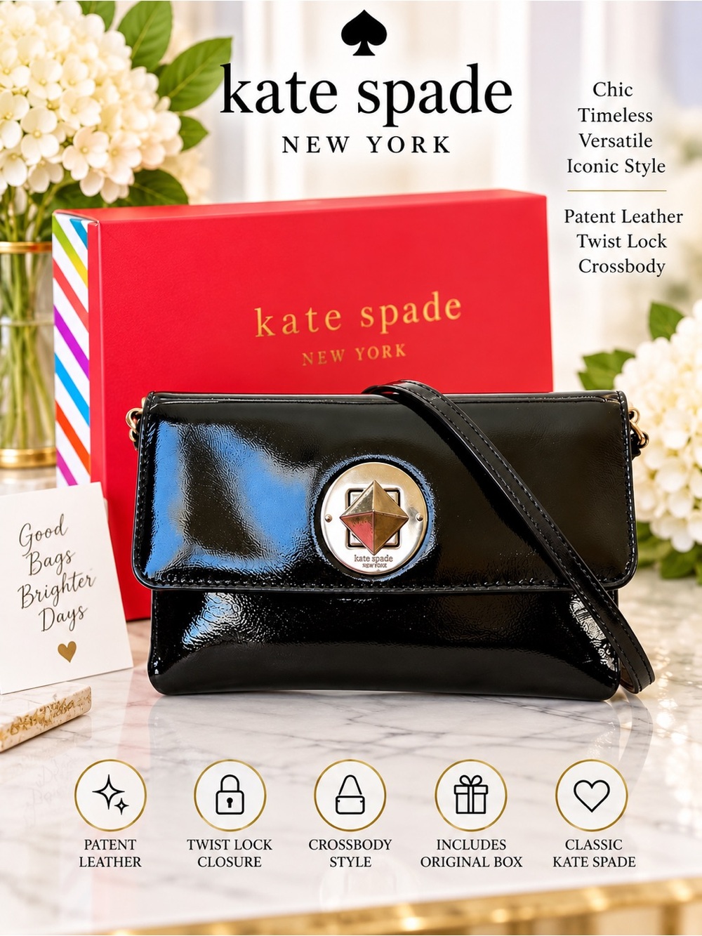 Kate Spade Fanfare Missy Patent Leather Crossbody Clutch with Original Box.